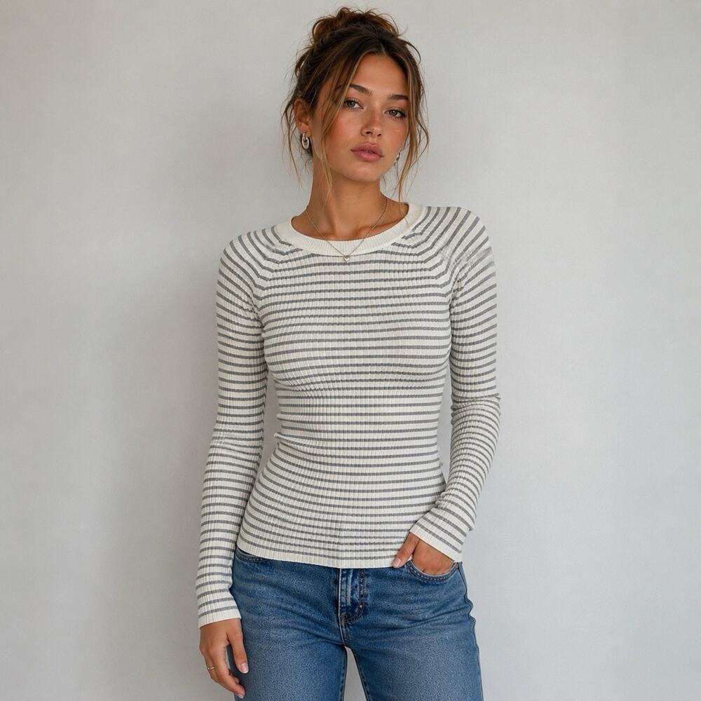Y2K Gap Stretch Womens Ribbed Stripe Sweater Classic Cotton Knit Fitted Basic L